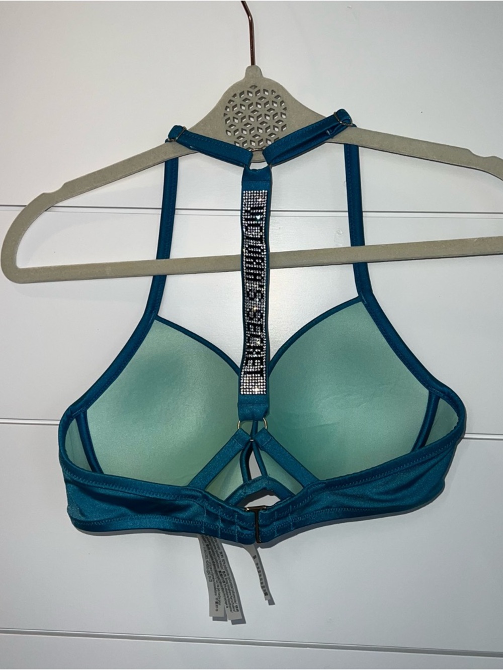 Victoria’s Secret Shine Strap Bombshell Push Up Swim Top 34D Teal Logo Bling GUC - Picture 2 of 9